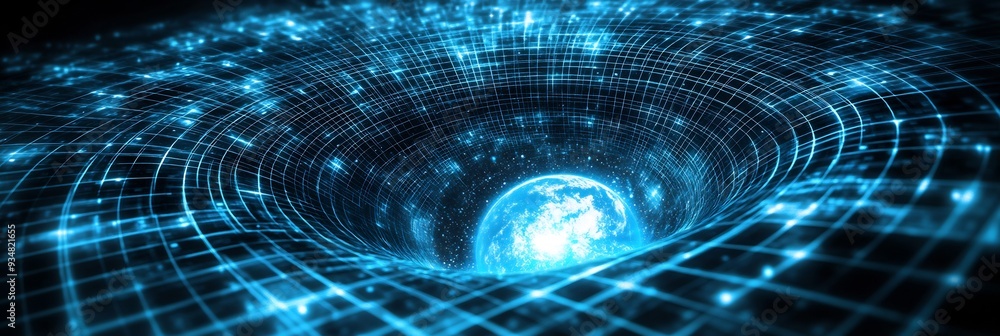 Poster black holes gravitational pull shown as a 3d tidal force with 2d planets and stars being pulled apar