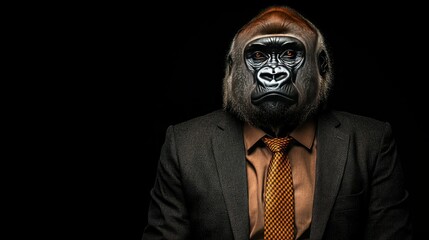 A sophisticated gorilla in a suit, symbolizing a unique blend of nature and corporate culture, against a dark backdrop.