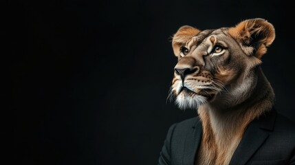 A sophisticated lion wearing a suit, symbolizing strength and elegance, set against a dark background.