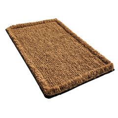 A brown, rectangular doormat with a fringed edge, made of natural fibers.