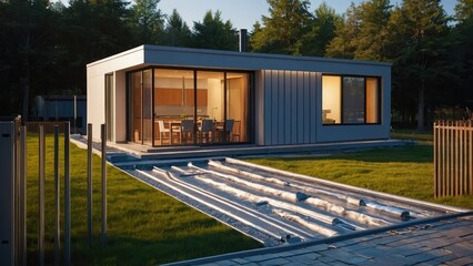 Geothermal house heating using a vertical ground source heat pump system. Illustration produced in three dimensions