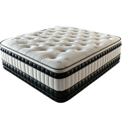 Fototapeta premium A close-up of a white mattress with black trim. The mattress is tufted and has a luxurious look.