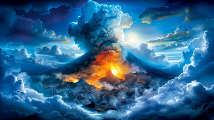 A volcano erupts in the sky with a blue background. The volcano is surrounded by clouds and the sky is filled with them