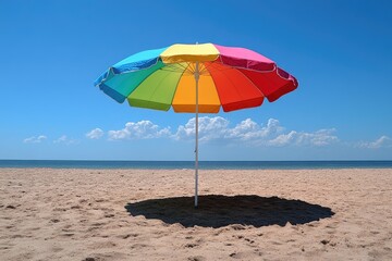 A colorful beach umbrella on the sand. Perfect for representing summer, relaxation, and vacation.