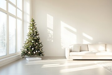 Christmas tree in the corner of a bright, spacious living room, with simple white and gold ornaments, leaving a large area of clean, white wall as negative space to emphasize the tree elegance