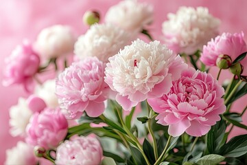 A close-up of pink peonies with soft pink background. This photo can be used for websites, blogs, or social media posts about flowers, love, or beauty.