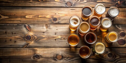 A rustic wooden background featuring an aerial view of multiple glasses and beers