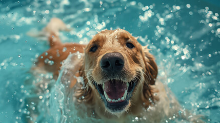 A happy Golden Retriever swims in the water, splashing around under the bright sunlight