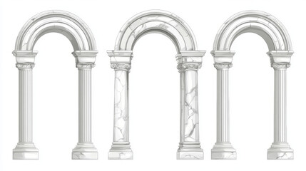 White marble arch of a castle or palace, featuring medieval or antique Greek, Roman, and Arabian columns. Vector illustration of medieval arches on pillars, showcasing ancient stone entrance gates or 