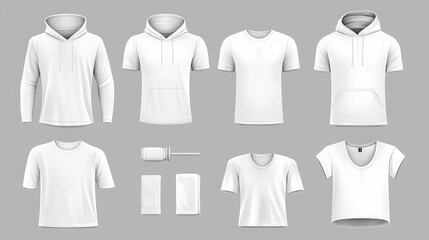 Male fashion t-shirt templates including hoodies, sweatshirts, polos, singlets, and sleeveless shirts. Vector mockups of basic white casual garments, featuring Henleys, tank tops, and underwear.