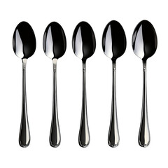 Five polished silver spoons lined up in a row.