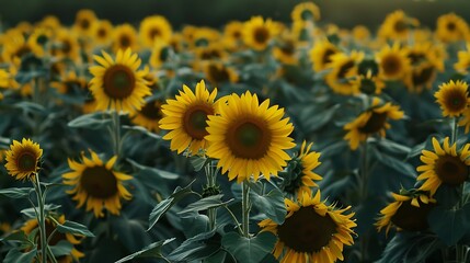 On a sunflower field of view the first light