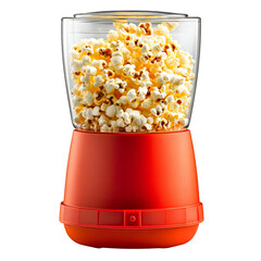 Red popcorn maker with a clear lid, filled with freshly popped popcorn.