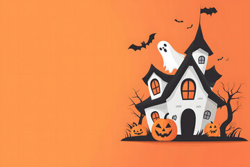 halloween banner of a haunted house with pumpkins and ghosts on an orange background