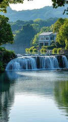 A scenic view of a waterfall with a house in the background. This image is perfect for websites, brochures, and social media posts about nature, serenity, and relaxation.