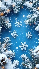 Snow-covered pine branches with snowflakes. Perfect for winter holiday or Christmas designs.