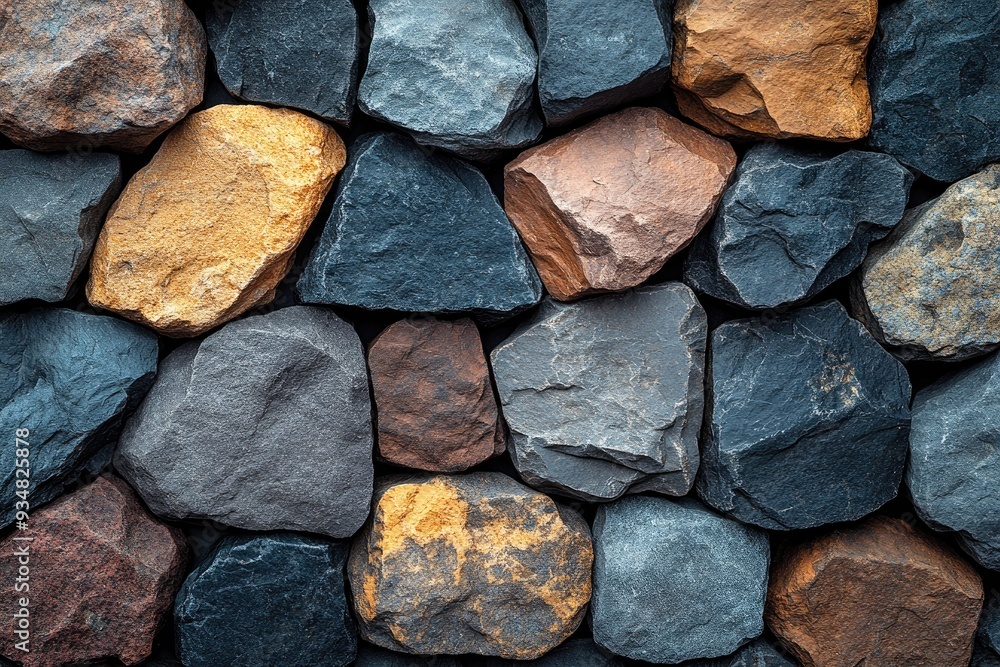 Poster a close-up of various stones with a textured surface. this image can be used to represent strength, 