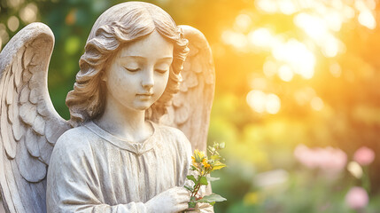 Beautiful Angel Statue with Flowers - Perfect for Memorial or Sympathy Cards