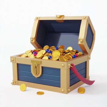 recommend clip art: 3D Render of a royal treasury chest filled with gold coins and jewels, on isolated white background