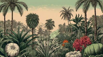  of a tropical jungle with palm trees, flowers, and birds.