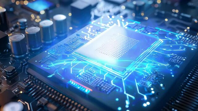 Close-up of a glowing microchip on a circuit board, illustrating advanced technology and innovation in electronics.
