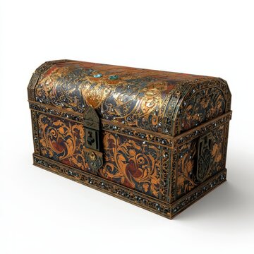 recommend clip art: 3D Render of a royal treasury chest with a magical aura and ancient scrolls, on isolated white background