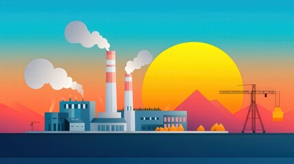 Obraz premium A factory at sunset with workers celebrating the end of the day on Labor Day.