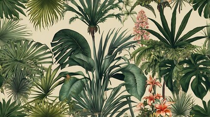  of a tropical jungle with palm trees, flowers, and birds.