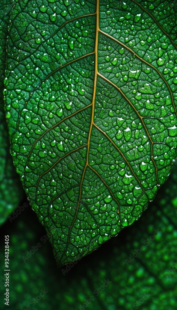 Poster close-up of a green leaf with water droplets. a macro image showcasing the intricate details and tex