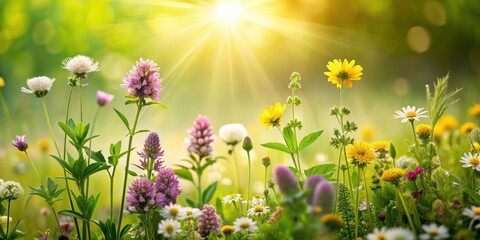 Fototapeta premium Blossoming aromatic herbs in sunny meadow , herbs, blossoming, aromatic, sunny, meadow, nature, plants, green, vibrant