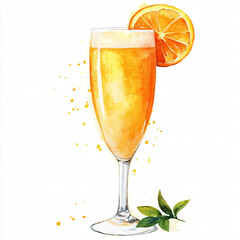 Orange creamsicle mimosa drink With sliced ​​orange. Watercolor clipart on a white background.[A-0001]