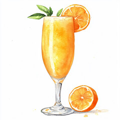 Orange creamsicle mimosa drink With sliced ​​orange. Watercolor clipart on a white background.[A-0002]