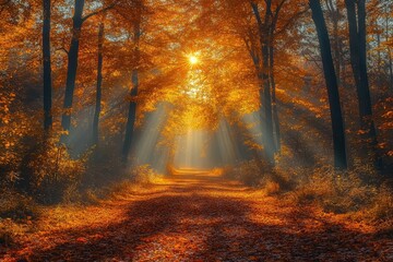 Fototapeta premium A pathway through an autumn forest, bathed in sunlight. The photo captures the warm hues and soft light of autumn, perfect for themes of nature, tranquility, and change.