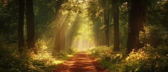 Fototapeta premium An enchanting forest path with tall trees and sunlight filtering through the leaves creating a magical and inviting ambiance