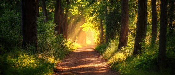 An enchanting forest path with tall trees and sunlight filtering through the leaves creating a magical and inviting ambiance