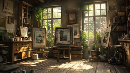 Sunlit Artist's Studio with Easel and Paintings.