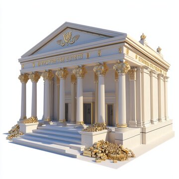 recommend clip art: 3D Render of a royal treasury hall with grand columns and treasure piles, on isolated white background