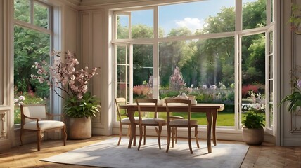 dining room with a beautiful garden view. 