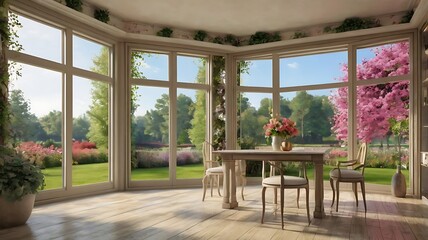 dining room with a beautiful garden view. 