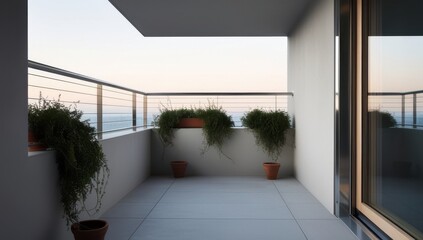Fototapeta premium A modern balcony with potted plants and a view of the sea at sunset.