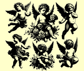 angel of love, Cherub with wings isolated on white, vector art, ready for card or invitation, save the date party.