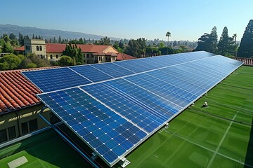 Naklejka premium Solar Panel Installation on Rooftop in Sunny California During Late Morning Hours