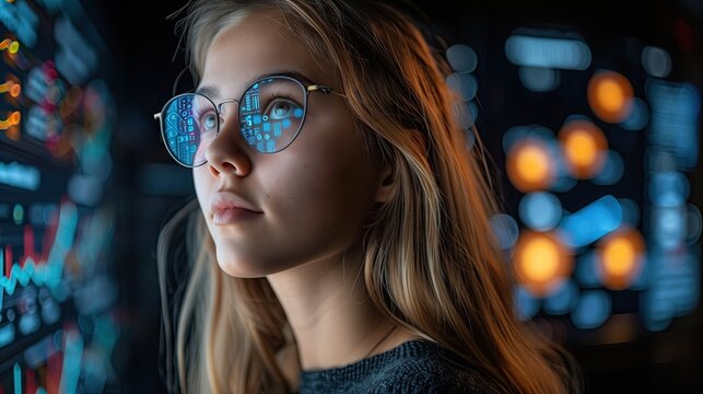Close-up of eyes and lenses of a young female software engineer. Code reflected in glasses. Developer working on creative e-commerce application using AI.