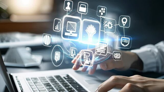 Close-up of a person typing with digital icons representing technology, communication, and data analysis around their hands.