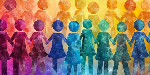 Naklejka premium Womans rights, Female equality and unity of the team diverse people, water color work.