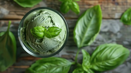 Obraz premium Fresh basil leaves paired with a glass of basil ice cream