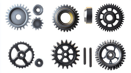A set of pinions and gears isolated on a white background, perfect for machinery and mechanical design applications.