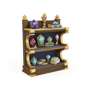 recommend clip art: 3D Render of a royal treasury shelf displaying priceless artifacts and rare gems, on isolated white background