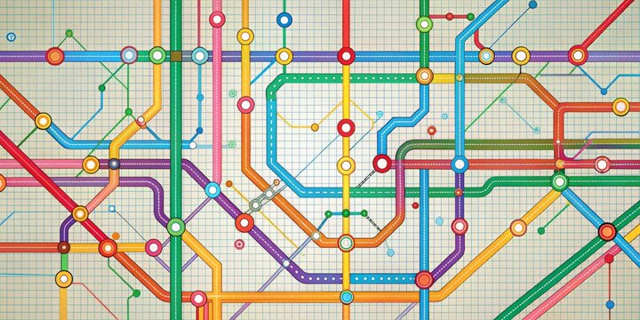 Colorful abstract subway map background with geometric shapes, lines, and dots