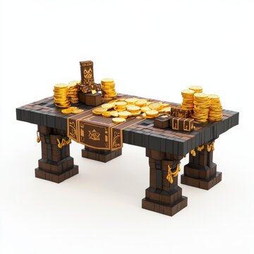 recommend clip art: 3D Render of a royal treasury table with stacks of gold coins and priceless artifacts, on isolated white background